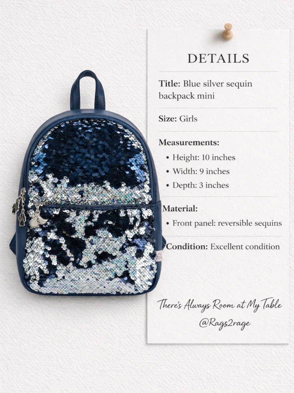 Blue Silver Sequin Mini Backpack Kids Star Charm Zip Bag
